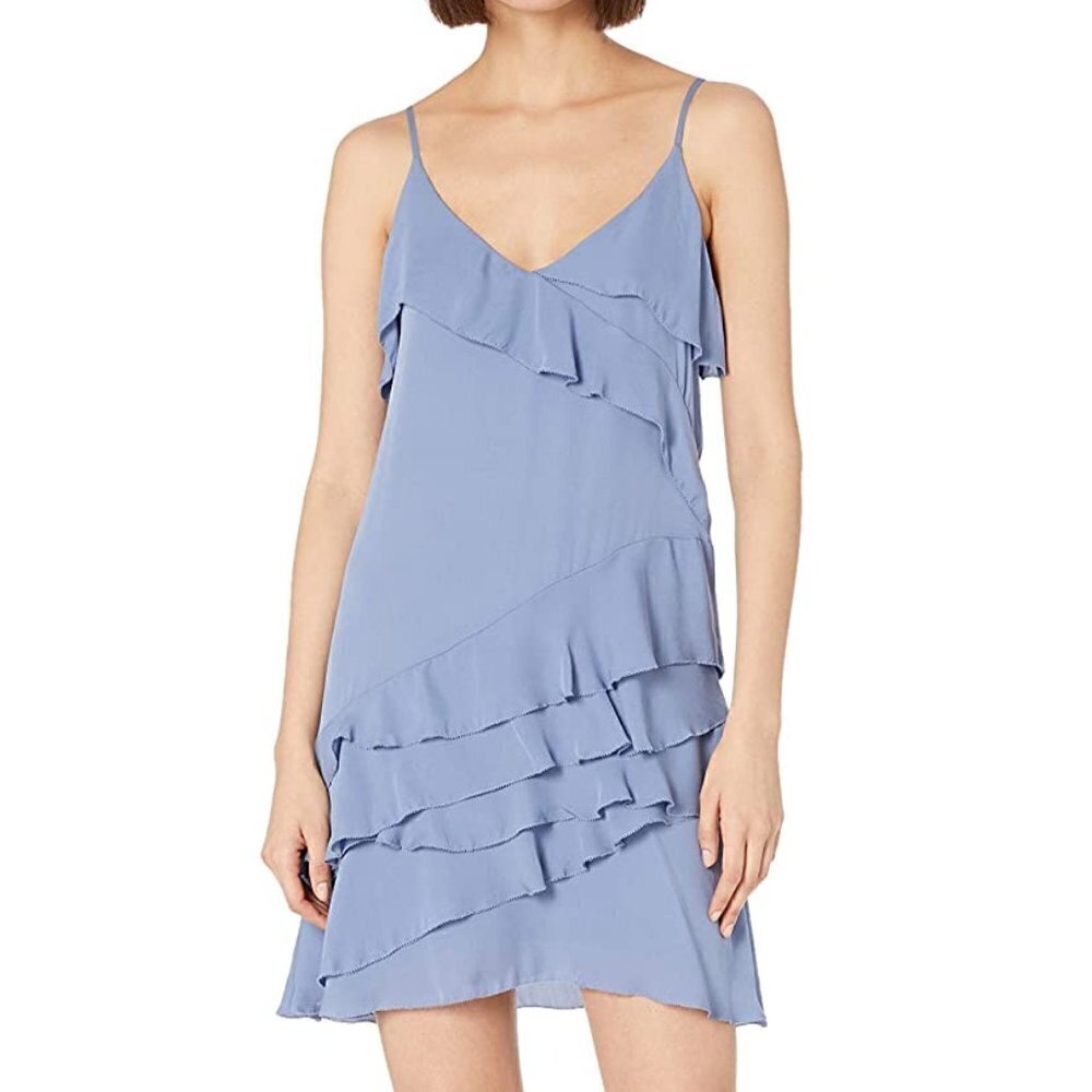 Parker 100% silk blue silver lake ruffle Athens mini dress size XS